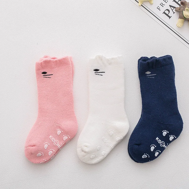 3 Pairs/Lot Baby Children Socks Whit Grips Cotton Cartoon Breathable High Tube Socks for Kids Baby Boys Girls Free Shipping 