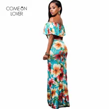 Comeonlover Bohemian Beach Jurken Flower Print Long Women Summer Dress RI80425 Tropical Ruffles Off Shoulder Sexy Dress Vestidos