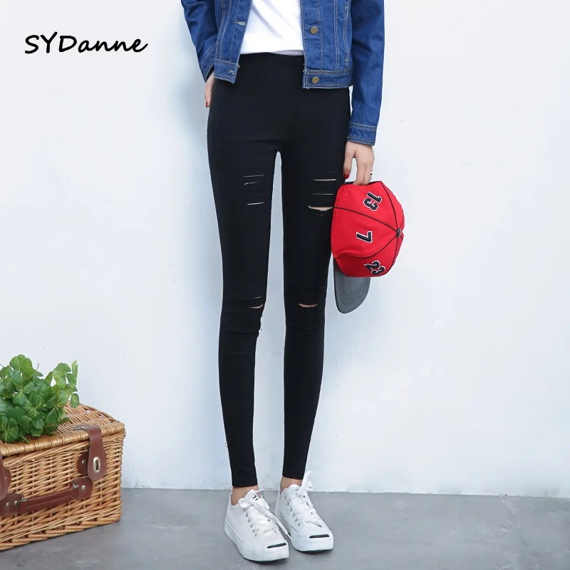 

Spring Summer Hole Leggings New Korean Version of The Nine Points Pencil Pants Outside Wearing Solid Color Feet Pants Plus Size