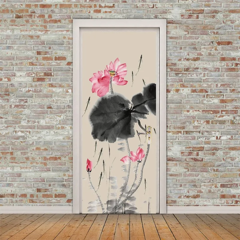 

Ink And Wash Painting Door Paste Painted Pond Lotus Pattern Stickers Diy Decal Wallpaper Bedroom Door Decoration