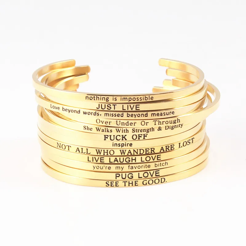 

2018 New Fashion Gold Stainless Steel Bracelet Engraved Letters Adjustable Cuff Mantra Bracelet Inspirational Bangle for Women