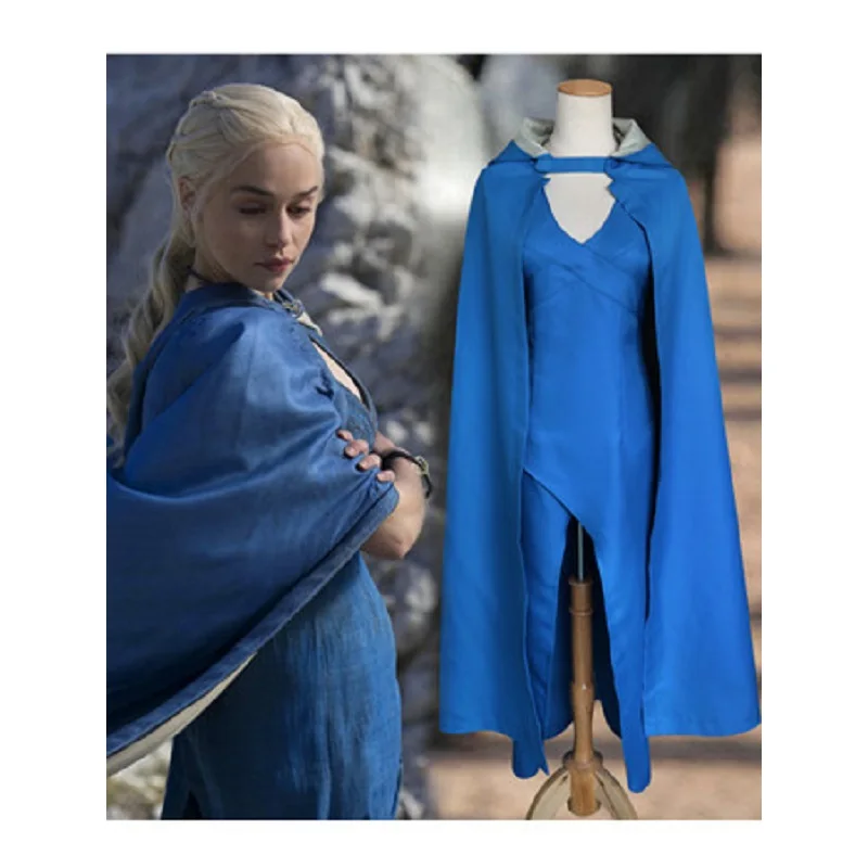 

Halloween Adult Women Power Games The Mother of Dragons Costume Targaryen Daenerys Cosplay Costume Full Set Blue Dress Cloak