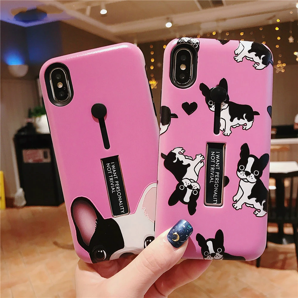 

For iphone 7 Plus Pink lovely Dog Soft Silicon Case For iPhone 6 6S Plus 7 8 X R XS MAX French Bulldog Hide Stand Holder case