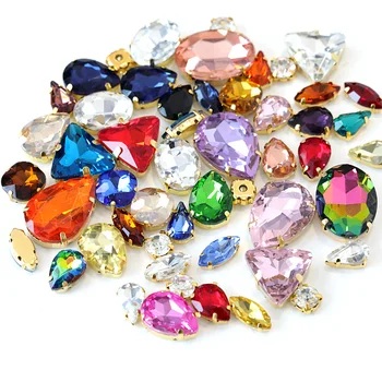 

Hot!! 50pcs Mixed Shapes Red Sew On Rhinestones With Gold Claw Flatback Glass Strass Clear Sew On Claw Stones For Garment B1032