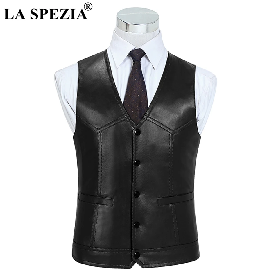 LA SPEZIA Brown Waistcoat For Men Genuine Sheepskin Leather Slim Fit Classic Vest Natural Leather Luxury Brand Sleeveless Jacket