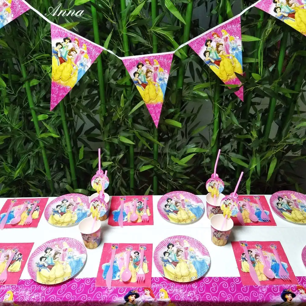 

105/135pcs Six Princess Theme Cartoon Pink Paper Birthday Party Decorations Supplies Tablecloth Flag Disposable Tableware Supply