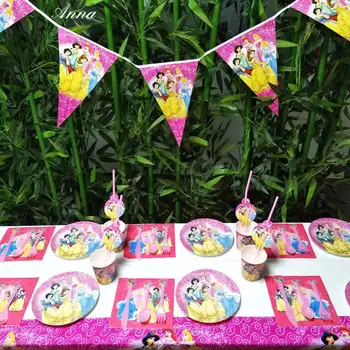 

105/135pcs Six Princess Theme Cartoon Pink Paper Birthday Party Decorations Supplies Tablecloth Flag Disposable Tableware Supply
