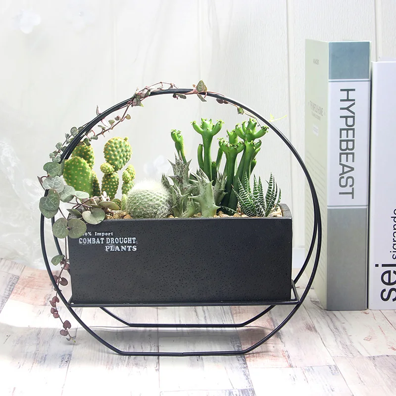 

1 Set Cement Succulent Planter Pot Geometric Flower Pot Decorative Bonsai Cactus Planter with Iron Stand (1 Pot + 1 Stand)