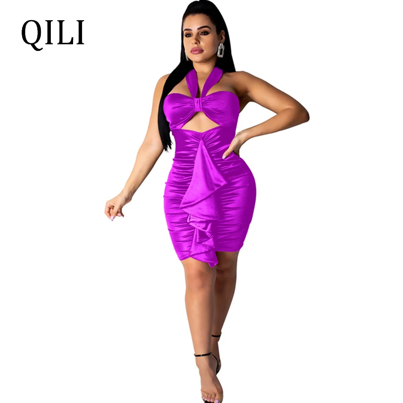 

QILI Summer Ruffles Pleated Halter Dress Women Sleeveless Hollow Out Sexy Dresses Party Club Elegant Lady Bodycon Dress