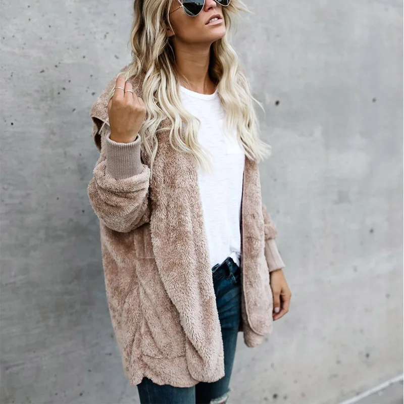 

JRNNORV Spring Faux Fur Teddy Bear Coat Jacket Women Fashion Open Stitch Hooded Coat Female Long Sleeve Fuzzy Warm Jacket