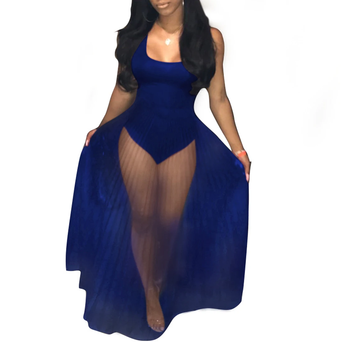 

JIMMYHANK2017 Women Summer Sexy Fashion Sleeveless See Through Sheer Slim Pleated Maxi Dress