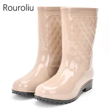 Rouroliu/женские Нескользящие непромокаемые сапоги из ПВХ, непромокаемая обувь, женские резиновые сапоги до середины икры, зимние теплые сапоги с вставками, RT171