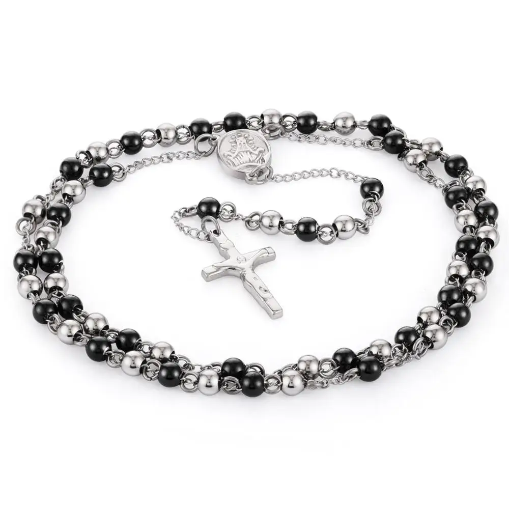 Black Silver Tone Бусы из нержавеющей стали ожерелье золотой цвет бусы-четки подвески Иисуса христианский крест длинная Y цепь мужские и женские ювелирные изделия подарок NZ009 - Окраска металла: Black Silver Tone