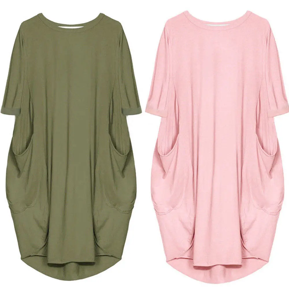 

Women Dresses Baggy Shirts Italian Lagenlook Quirky Boho Sexy Soft Cotton Stretch Loose Pocket Tunic Sleeve Hip Hop Plus Size