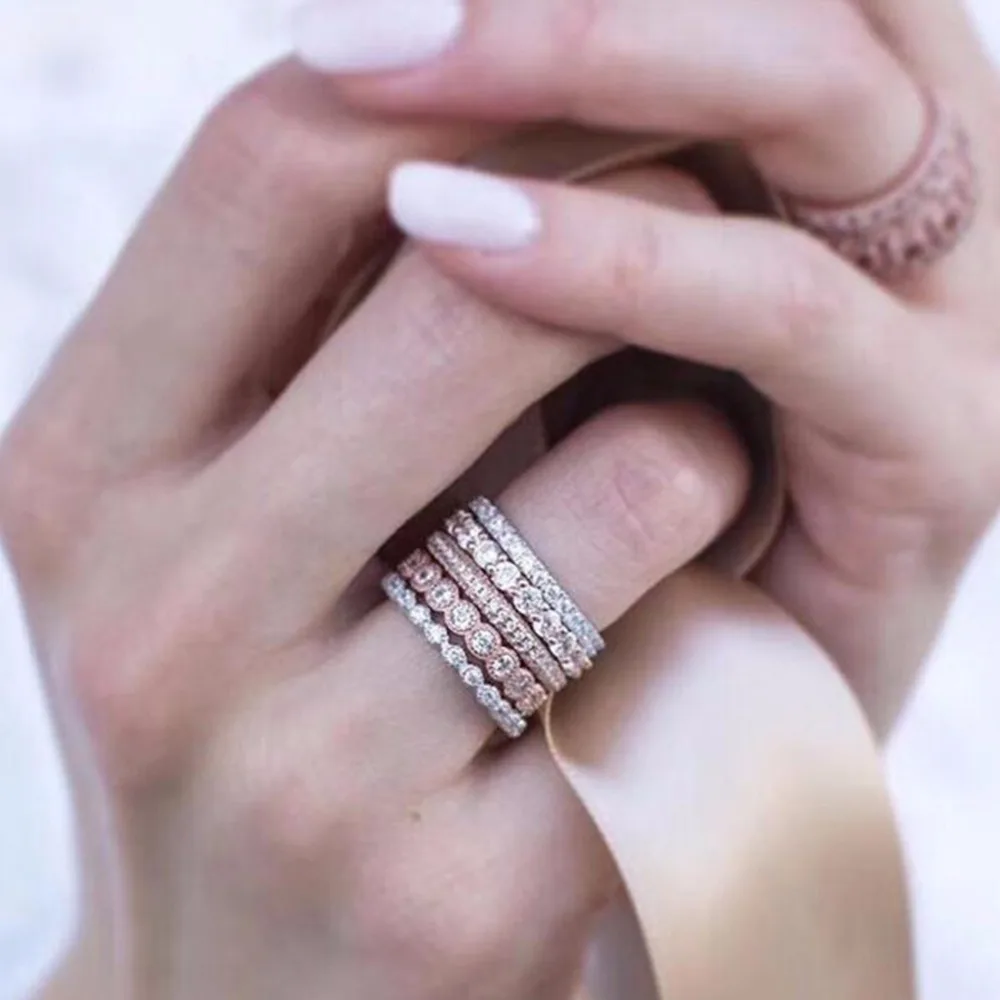

5PCS Sparkly Rose Gold Zircon Crystal Rhinestone Stacking wave Ring Set Women Wedding Ring Jewelry Vintage Bohemian Rings#273437