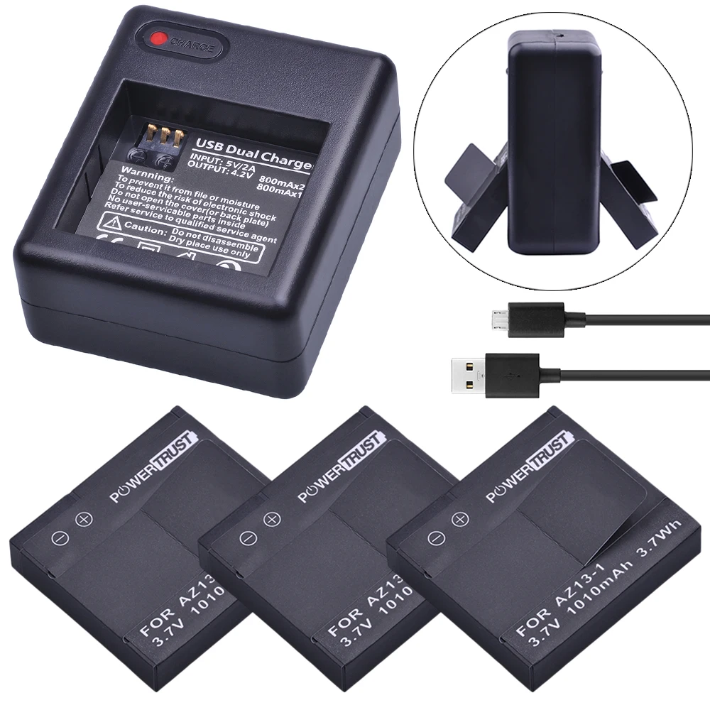 3Pcs 1010mAh AZ13 1 AZ13 Rechargeable Battery + Dual USB Charger For