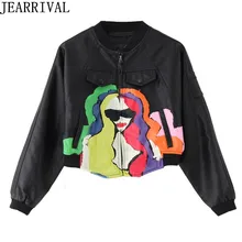 Осень, модная женская куртка из искусственной кожи, стоячий воротник, рукав "летучая мышь", принт граффити, куртка-бомбер, короткая куртка на молнии