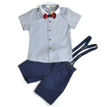 

Boy's 2-8 Y Summer Short Striped Shirt &Elastic Short Bib Pant & Bow Tie Kids Clothing Sets Cotton Fashion Gentleman Shirt Suits