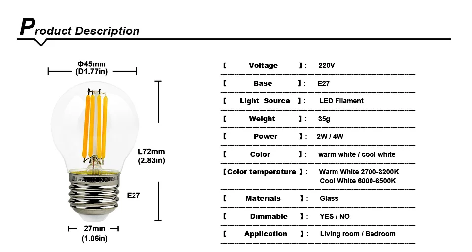 4 шт./лот, стеклянная Светодиодная лампа накаливания, Домашний Светильник ing с регулируемой яркостью, 220 В, 2 Вт, 4 Вт, круглые лампы COB E27, G45, Edison, винтажный Ампульный светодиодный светильник