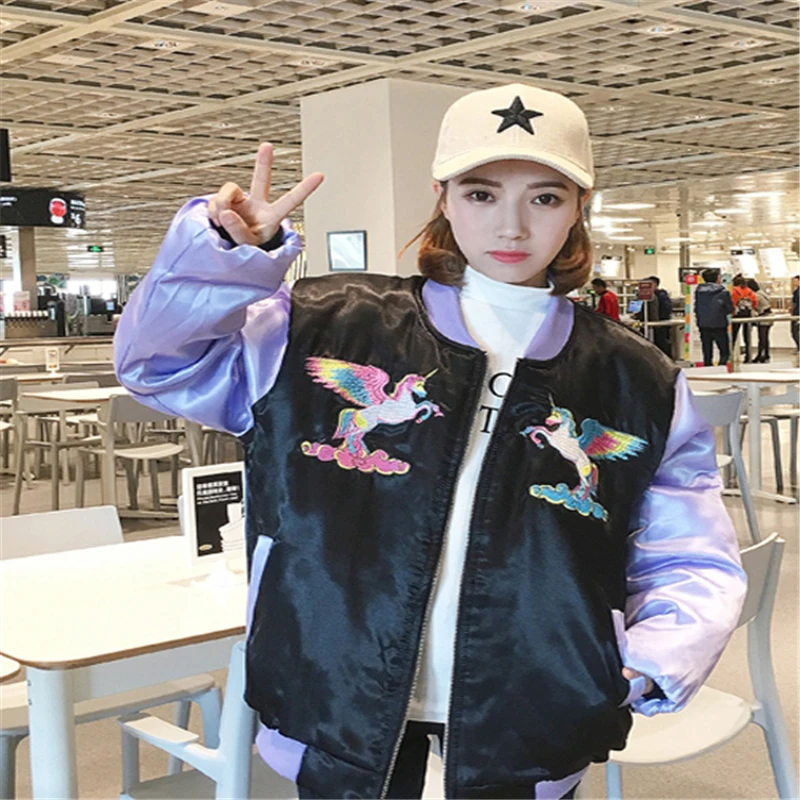 2017 New Cute Rainbow Horse Floral Embroidery Harajuku Spring Jacket Women Zipper Casual Loose Long Sleeve Baseball Coat