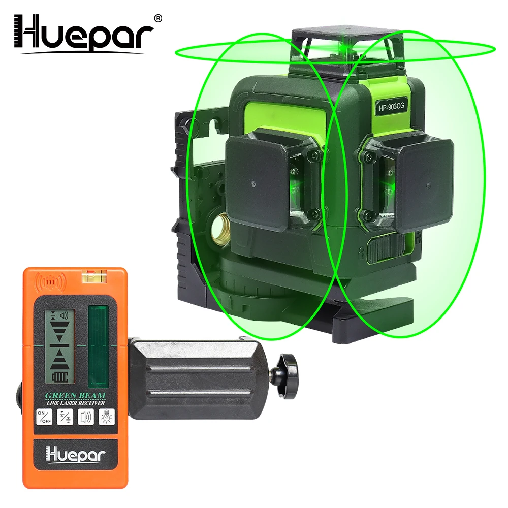 Billige Huepar 12 Linien 3D Cross Line Laser Level Grün Laser Strahl Selbst Nivellierung 360 Vertikale Horizontale mit Digital LCD laser Empfänger