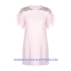 Лето Sweet Girl Розовый жемчуг мини-платье Для женщин 2018 взлетно-посадочной полосы Бисер плечо лоскутное оборками вечерние короткие платья Vestidos