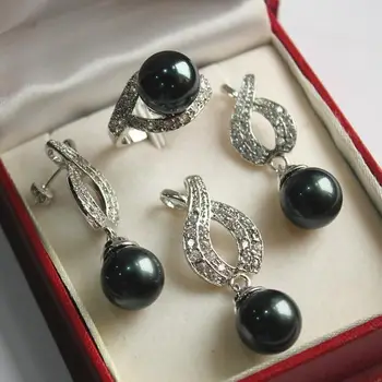 

ZHXHot! nice new jewelry 12mm black shell pearl pendant, earring, ring8# set