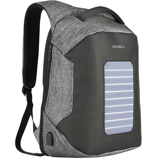 Мужской рюкзак-антивор от BAIBU для ноутбука 15,6 дюймов с подзарядкой от USB и питанием от солнечной батареи, мужской рюкзак, рюкзак для ноутбука, водонепроницаемые сумки - Цвет: Серый