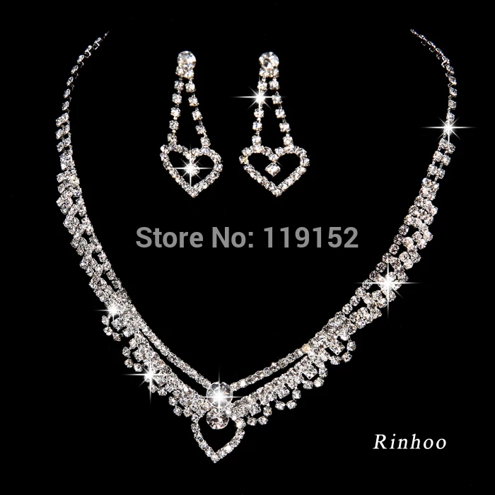 

Silver Crystal Wedding Jewelry Set For Women Bride Earring Necklaces Set Crystal Heart Earring Women African Jewelry Set