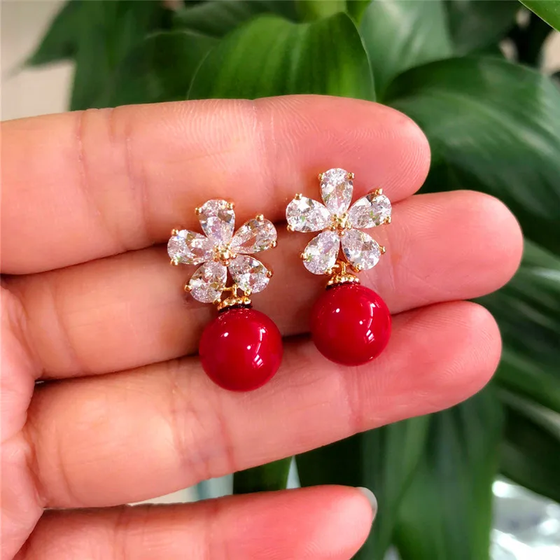 Модные женские серьги-гвоздики с кристаллами в виде цветка, милые белые и красные жемчужные серьги, женские серьги с двойным цирконием в стиле бохо