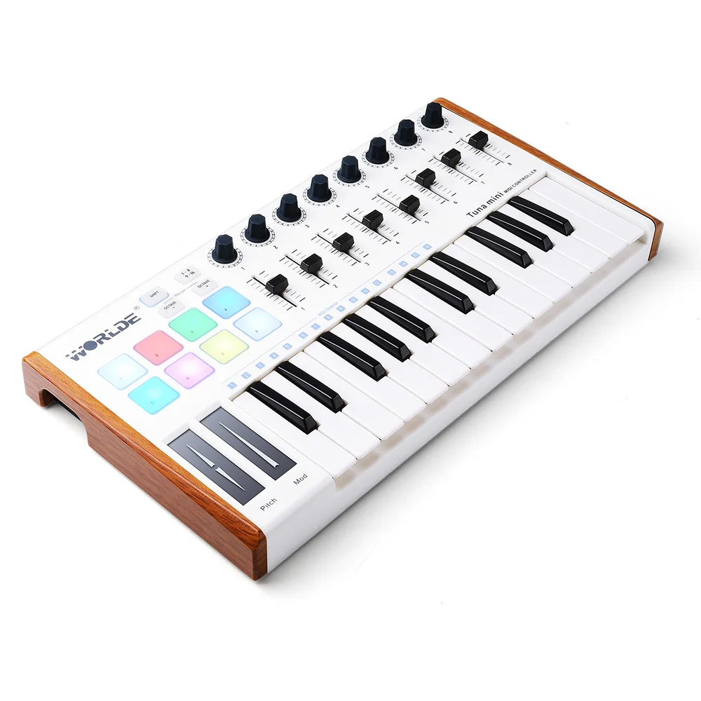 

Worlde 25 Key Portable Tuna Mini USB MIDI Keyboard Controller (8 Knobs/8 Pads/8 Faders) with Wood Imitation Rim, Pedal Interface