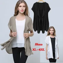Verano 2015 Mezclado Algodón Más El Tamaño de La Camisa Mujeres Blusa Casual Cardigan Camisas Féminines Irregular Tops Ropa de Mujer