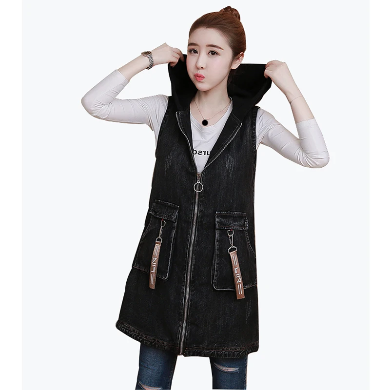 

Eagle Embroidery Women's Denim Vest Zipper Hooded Casual Waistcoat Slim Long Vests Female Gilet Spring Sleeveless Jeans Jacket