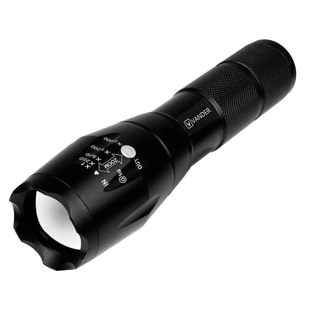 

VANDER LIFE 900 Lumens XML T6 LED Zoomable Army Flashlight - Rechargeable 18650 Battery and Charger Included - Rugged Aluminum