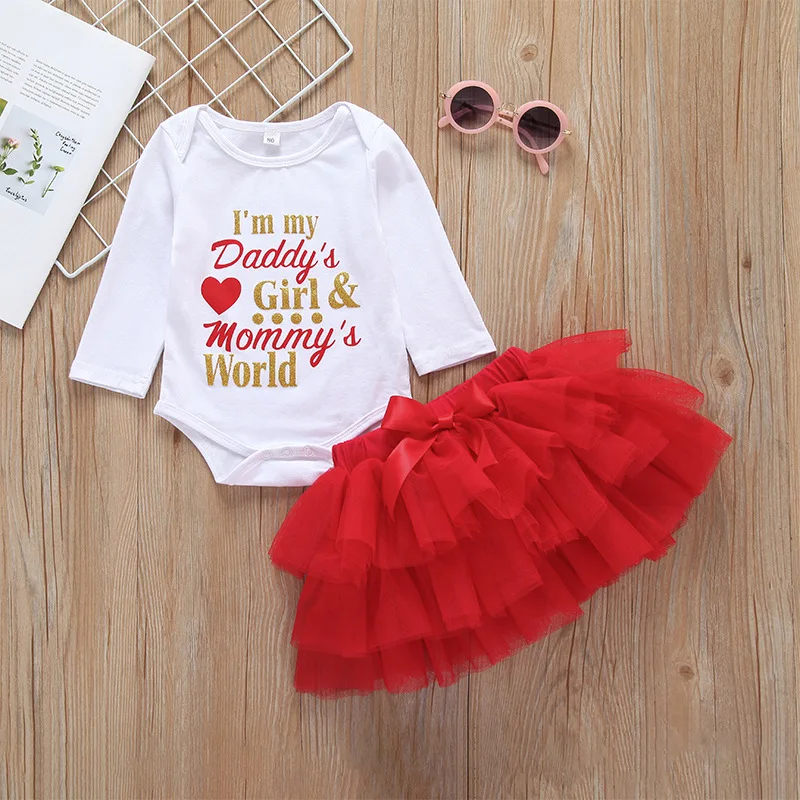 

Spring and Autumn Red Mesh Haber Set Cute Letters One Piece Two-piece Female Baby Princess Dress