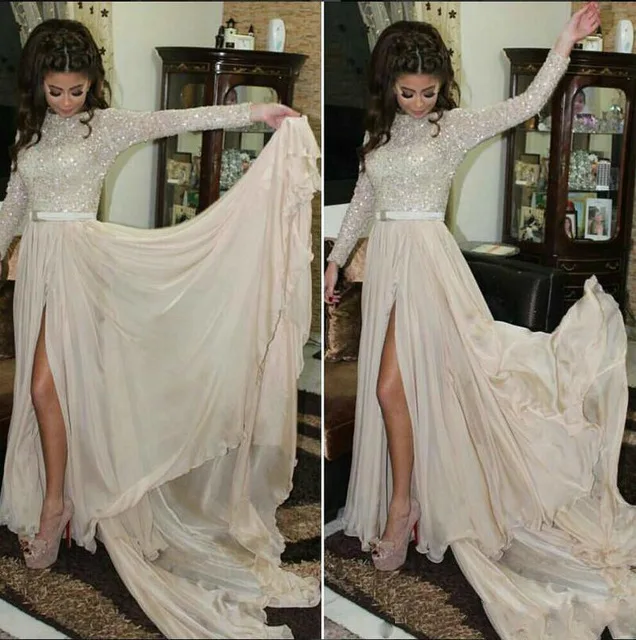 

BONJEAN High Split Crystal Beach Prom Dresses 2019 Long Sleeves Sequined Chiffon Vestido de Gala Sexy Formal Arabic Party Gowns
