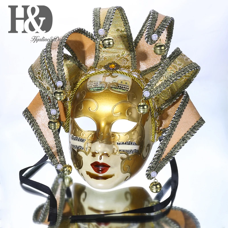 

H&D Gold Volto Resin Music Venetian Jester Mask Full Face Masquerade Bell Joker Wall Decorative Art Collection