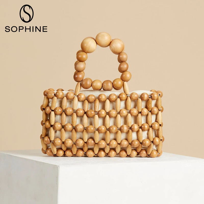 2019 SOPHINE الخيزران حقيبة من القماش النساء حقائب خشبية الخرز الأزياء Ins الساخنة الطبيعية نمط الأعلى مقبض حقائب الشاطئ