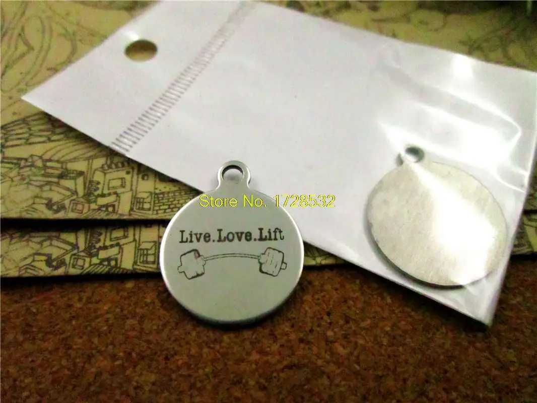 

20pcs--20mm stainless steel circle round "live love lift barbell "one side DIY Charms Pendants
