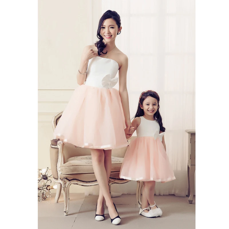 2016 Spring Sleeveless Vestido Wedding Party Mother Daughter 2016 Spring Sleeveless Vestido Wedding Party Mother Daughter Matching Dresses Clothes Fashion Bows Mom Ball Down Dress In Family Outfits