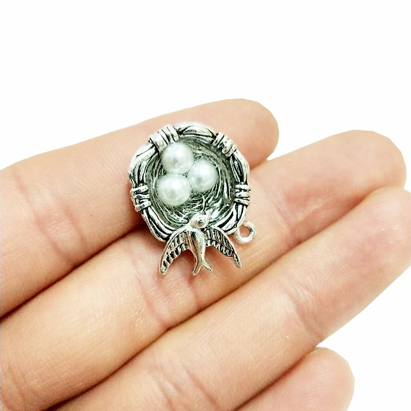 

TJP 5pcs Tibetan Antique Silver Bird's Nest Pearl Eggs Round Charms Pendants for DIY Jewelry Making Findings 25x25mm