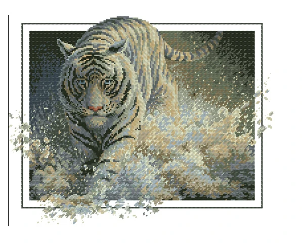 

Cotton Needlework Embroidery Set Unprinted White Canvas Counted Cross Stitch Kits 14ct Tiger Leaping In Water Mural Painting