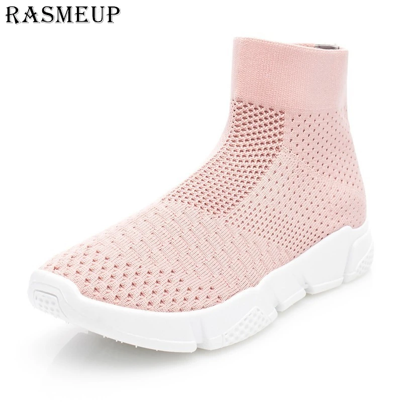 

RASMEUP Elasticity Women Sock Sneakers High Top Comfortable Women's Shoes 2019 Brand White Pink Fashion Mesh Ladies Footwear