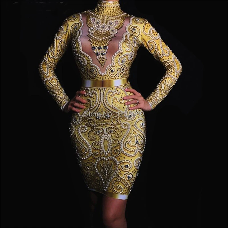 Sparkly-Gold-Rhinestones-Pearls-Skinny-Dress-Glass-Diamond-Long-Sleeve-Mini-Dress-Formal-Party-Women-Nightclub