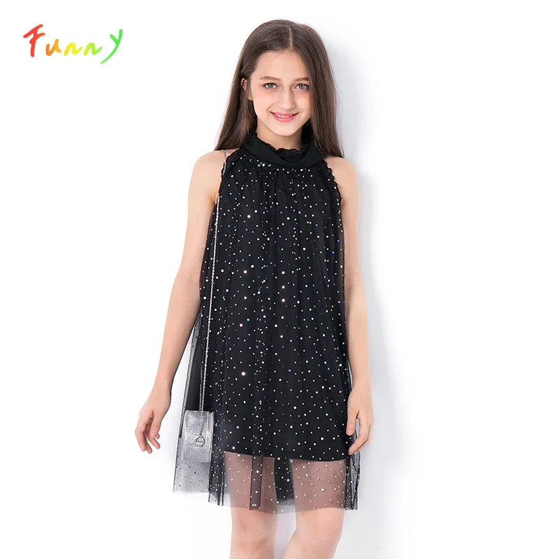 

Kids Dresses for Girls 8 10 12 14 Years Summer Mesh Sequined Princess Party Dresses for Girls Fashion Sleeveless Black Dress