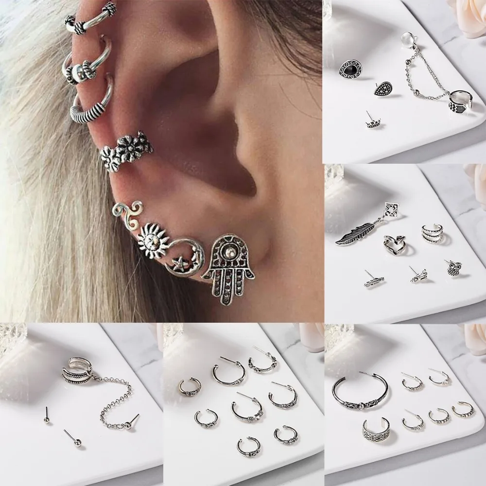 

Rinhoo Trendy Bohemian Retro Sun Moon Palm Multiple Style Earrings Set Vintage Leavf Love Chain Earrings Ear Clips Wholesale