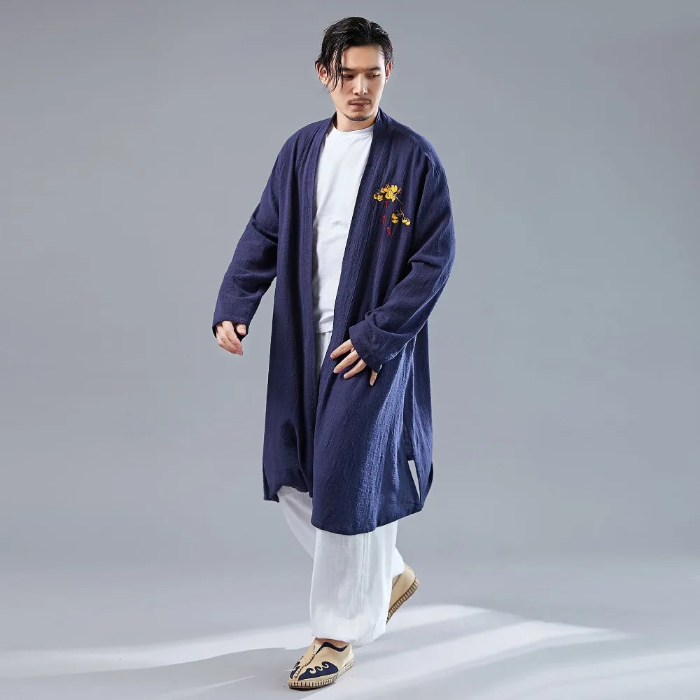 LZJN 2019 Casual Long Sleeve Shirt Summer Men's Vintage Embroidery Kimono Cardigan Cotton Linen Cloak Poncho Open Front Coat (14)