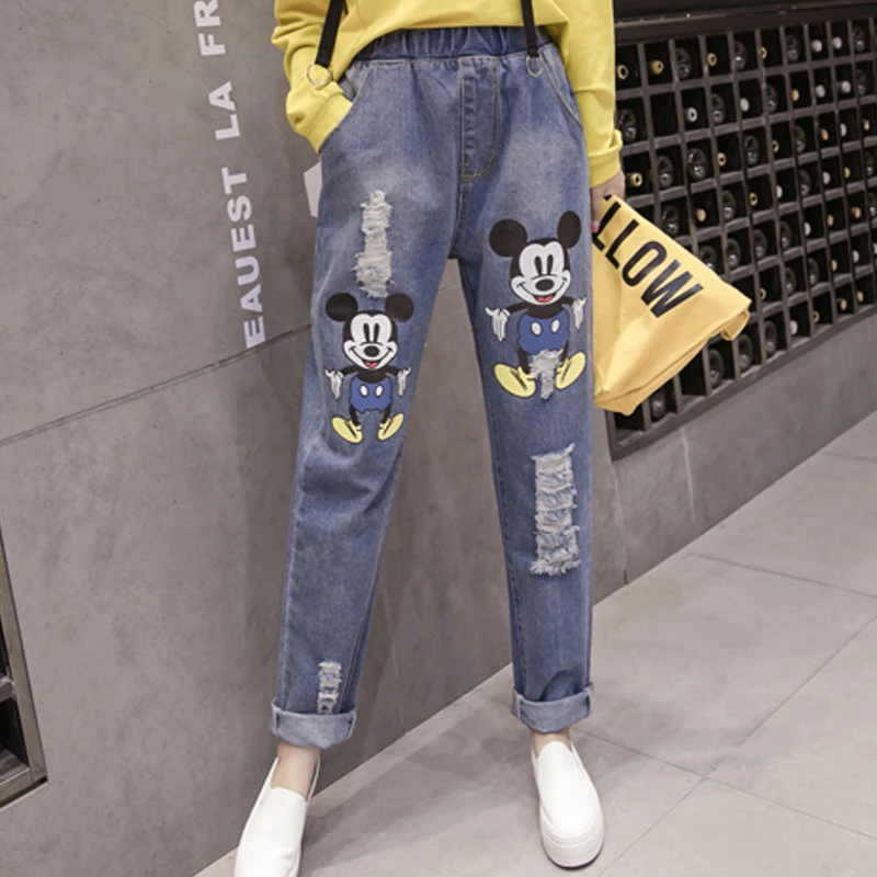 Kartun Mickey Mouse Jeans Distressed Ripped Boyfriend Jeans untuk Wanita  Ibu Pinggang Tinggi Plus Ukuran Kasual Harem Jeans Baggy|Celana Jeans| -  AliExpress