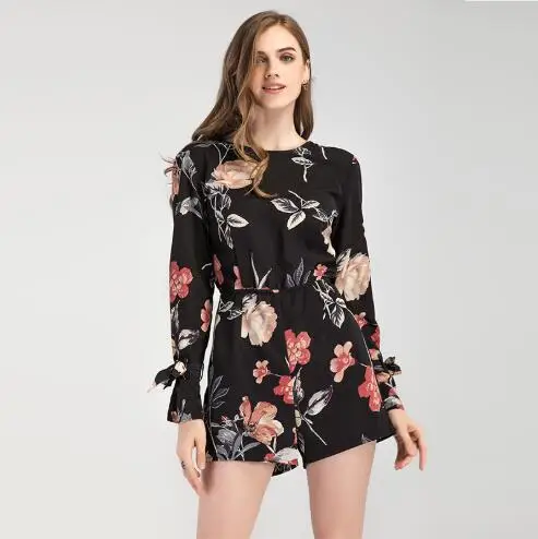 

Women Backless Jumpsuit 2018 Autumn New Women Big Flower Print Playsuit Female Outwear Casual Long Sleeve Bodysuit FR1041