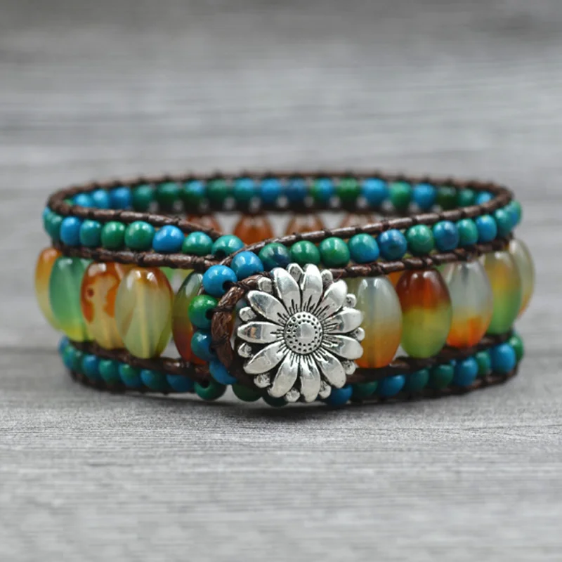 

2019 Multi-layer Beads Bracelet Handmade Flower Wrap Bracelet Multi Color Natural Stone Bracelets for Men Women Best Friend Gift
